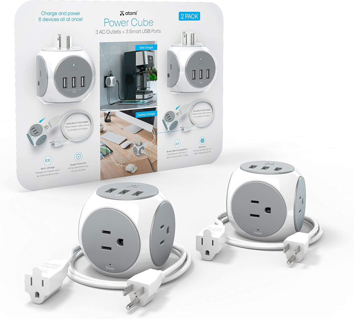 Atomi Power Cube 2-Pack – 3AC Outlets + 3 Smart USB Ports + 5-ft. Cable. - Avenue Treasures