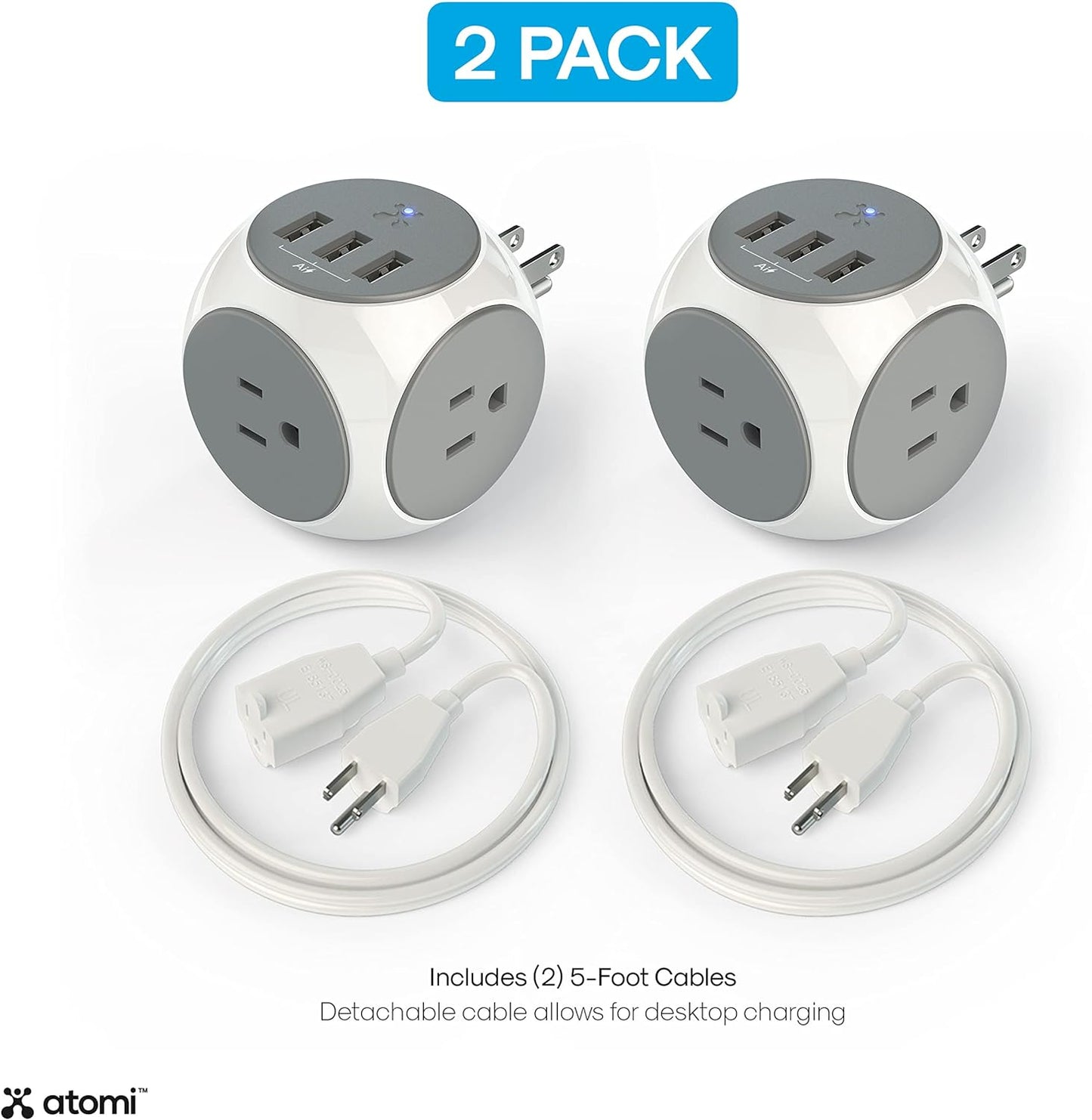 Atomi Power Cube 2-Pack – 3AC Outlets + 3 Smart USB Ports + 5-ft. Cable. - Avenue Treasures