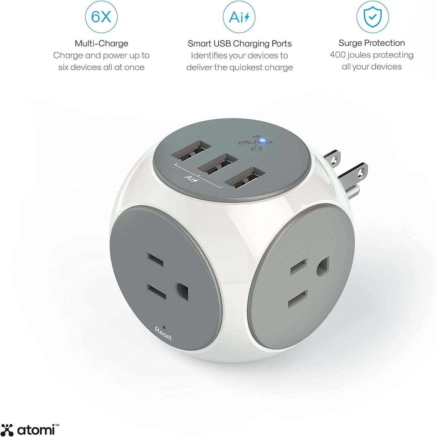 Atomi Power Cube 2-Pack – 3AC Outlets + 3 Smart USB Ports + 5-ft. Cable. - Avenue Treasures
