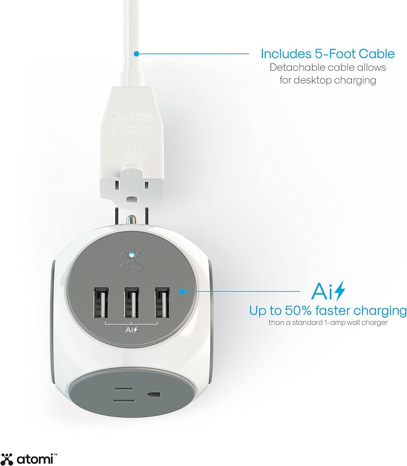 Atomi Power Cube 2-Pack – 3AC Outlets + 3 Smart USB Ports + 5-ft. Cable. - Avenue Treasures