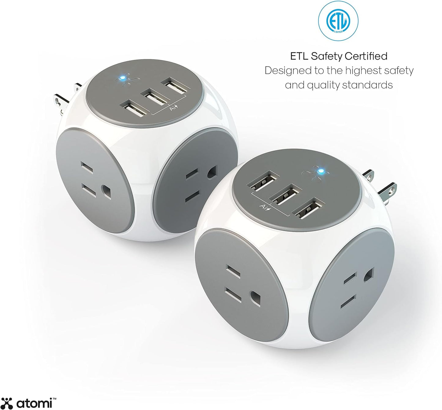 Atomi Power Cube 2-Pack – 3AC Outlets + 3 Smart USB Ports + 5-ft. Cable. - Avenue Treasures