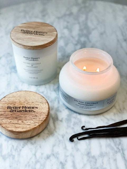 Better Homes & Gardens 18oz Salted Coconut Mahogany Scented 2-Wick Bell Jar Candle. - Avenue Treasures