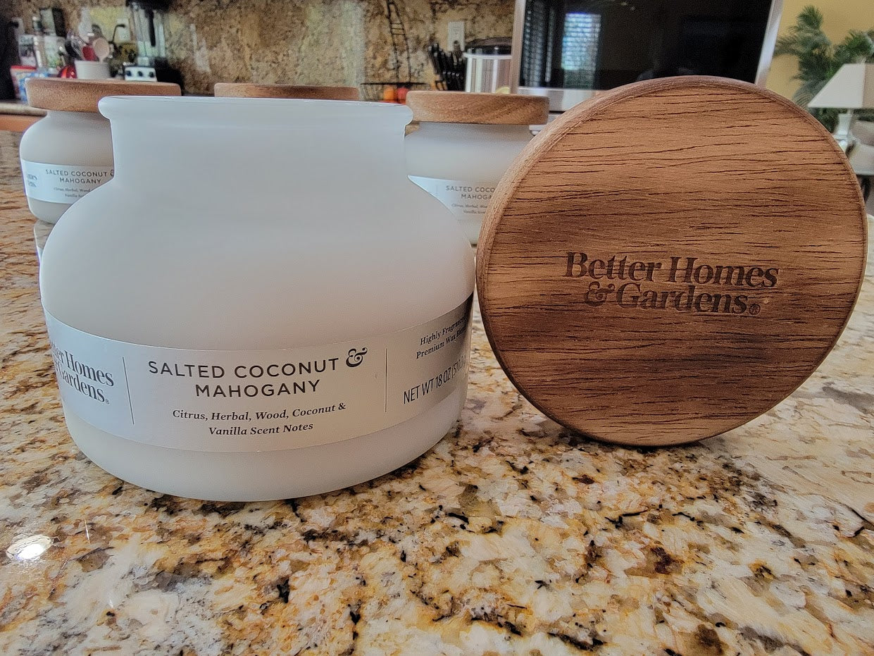 Better Homes & Gardens 18oz Salted Coconut Mahogany Scented 2-Wick Bell Jar Candle. - Avenue Treasures
