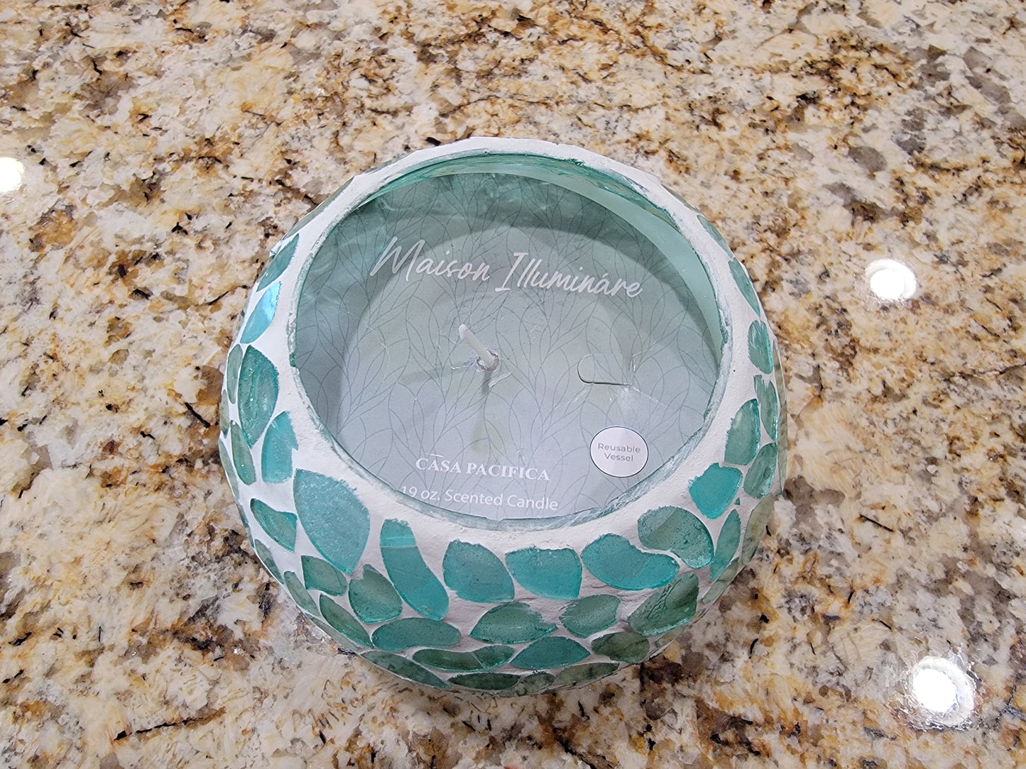 Turquoise Mosaic Glass Scented Candle - Romantic Round Cracked Glass Decorative Candle Holder Table Centerpiece Party Decor - Avenue Treasures