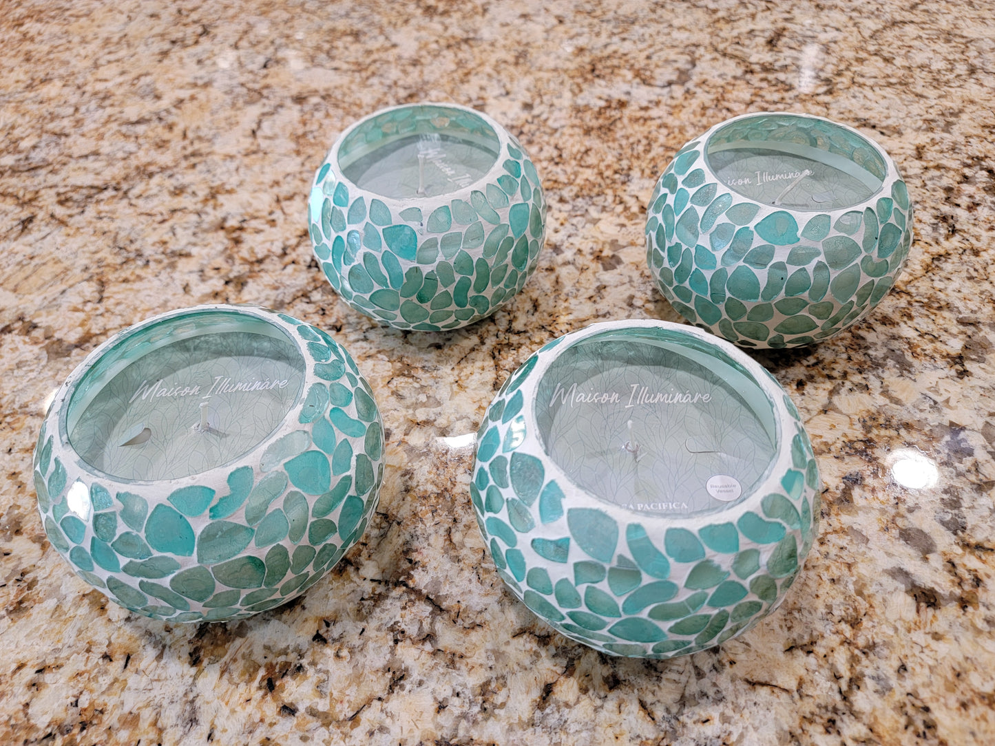 Turquoise Mosaic Glass Scented Candle - Romantic Round Cracked Glass Decorative Candle Holder Table Centerpiece Party Decor - Avenue Treasures
