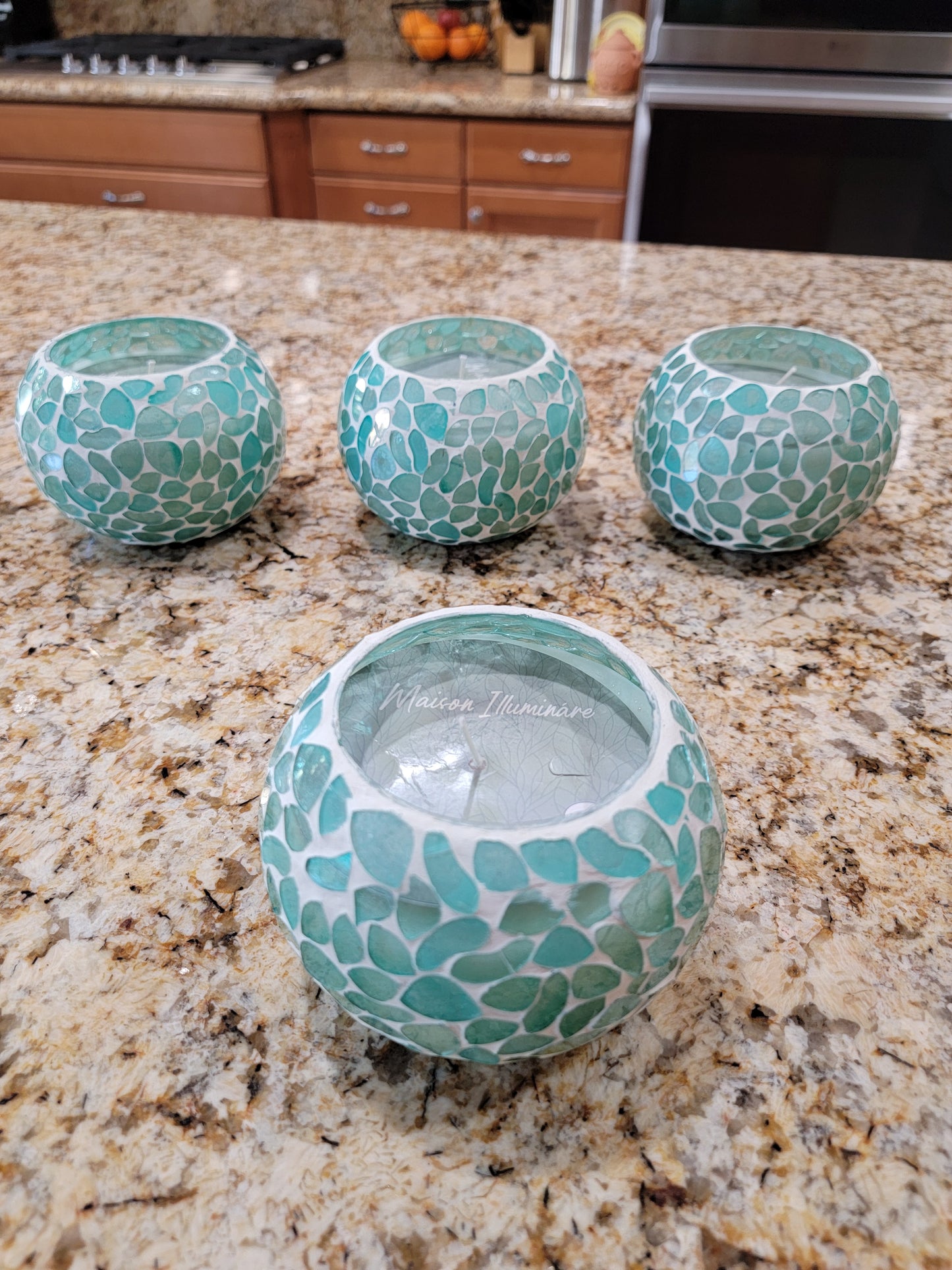 Turquoise Mosaic Glass Scented Candle - Romantic Round Cracked Glass Decorative Candle Holder Table Centerpiece Party Decor - Avenue Treasures