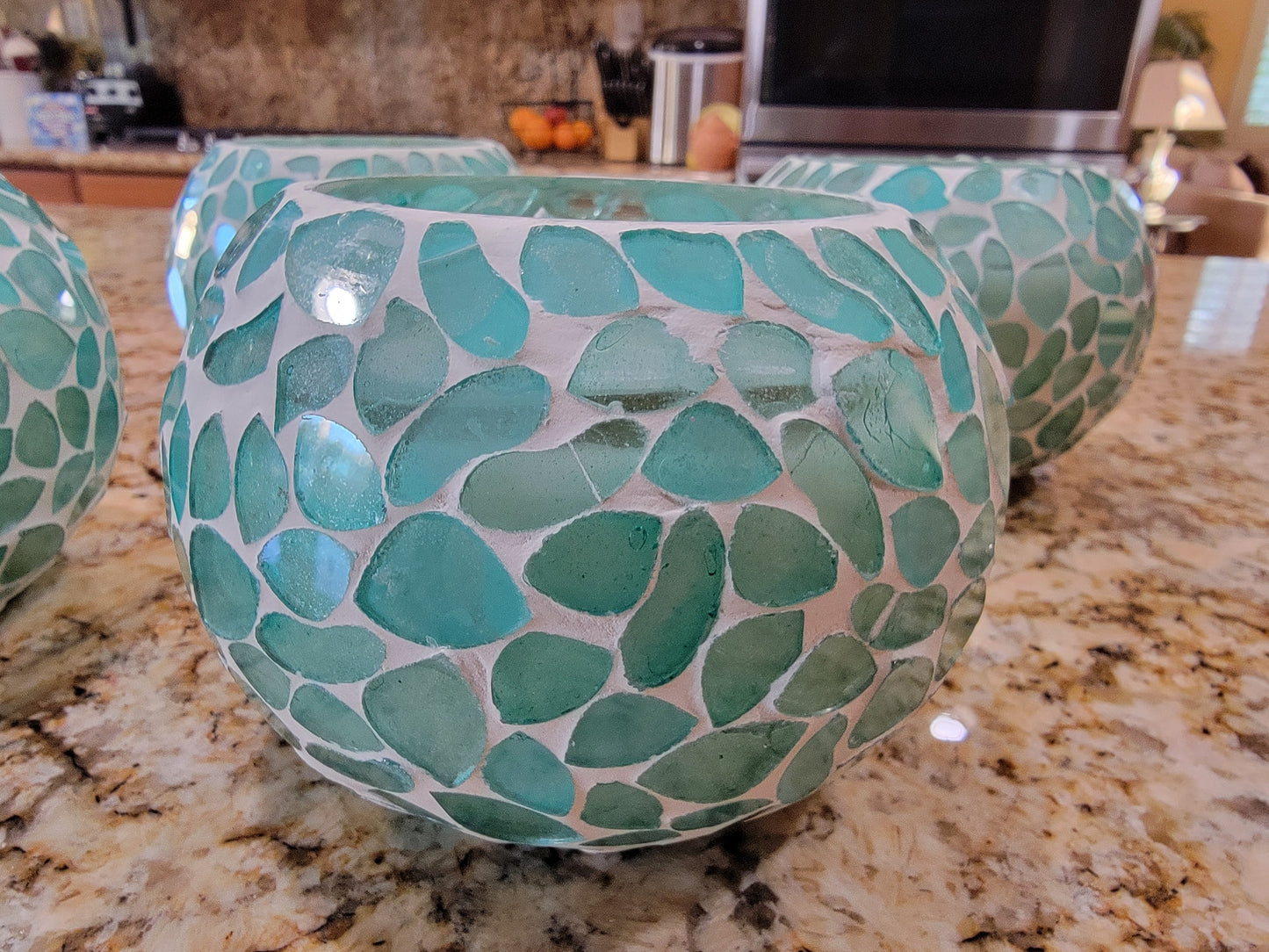 Turquoise Mosaic Glass Scented Candle - Romantic Round Cracked Glass Decorative Candle Holder Table Centerpiece Party Decor - Avenue Treasures