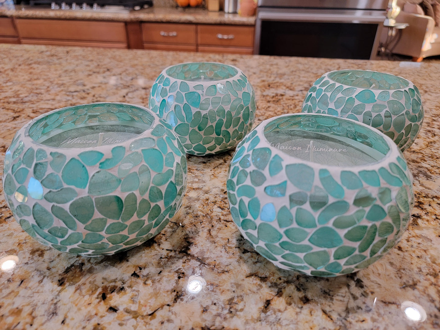 Turquoise Mosaic Glass Scented Candle - Romantic Round Cracked Glass Decorative Candle Holder Table Centerpiece Party Decor - Avenue Treasures