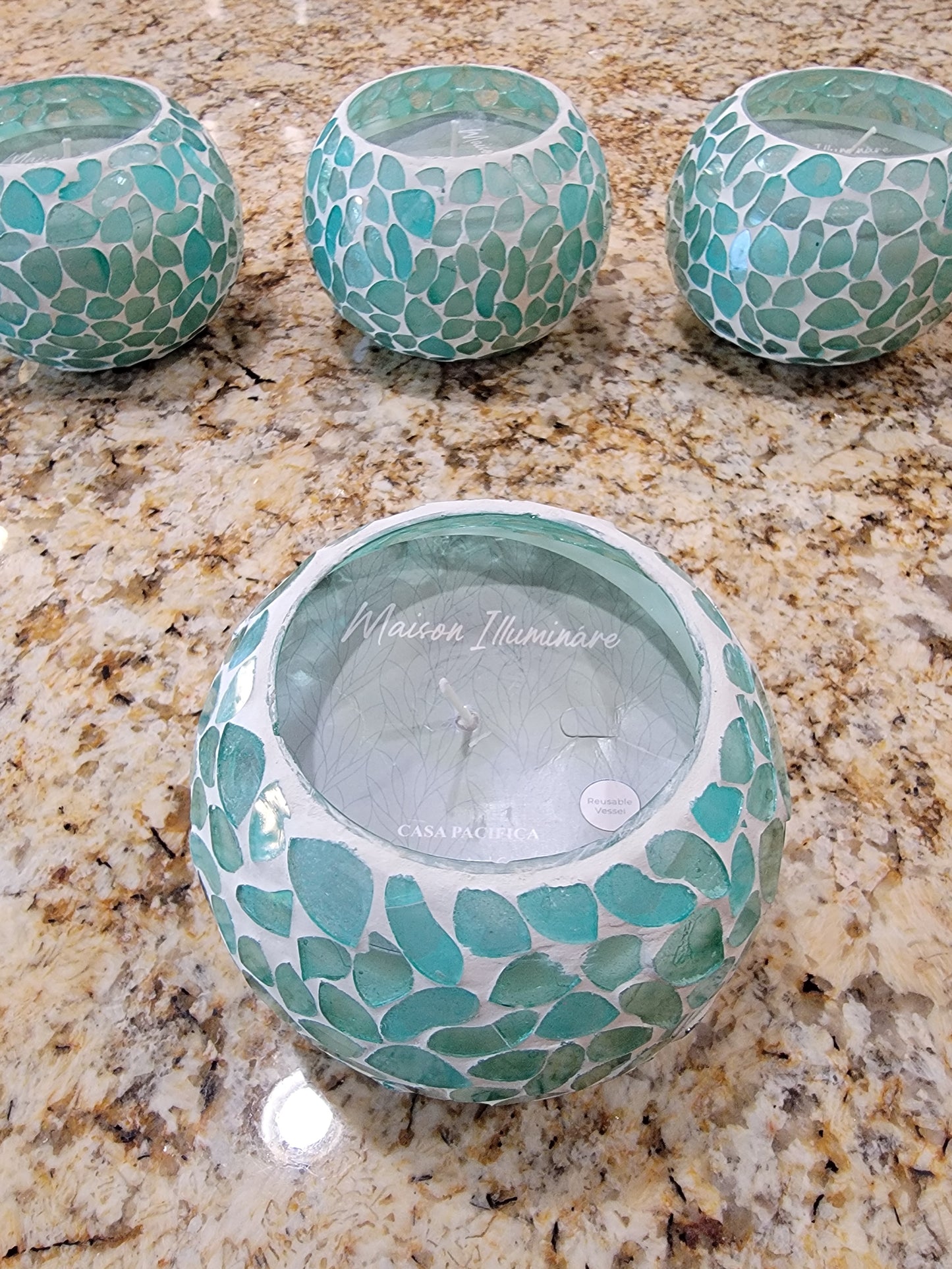 Turquoise Mosaic Glass Scented Candle - Romantic Round Cracked Glass Decorative Candle Holder Table Centerpiece Party Decor - Avenue Treasures