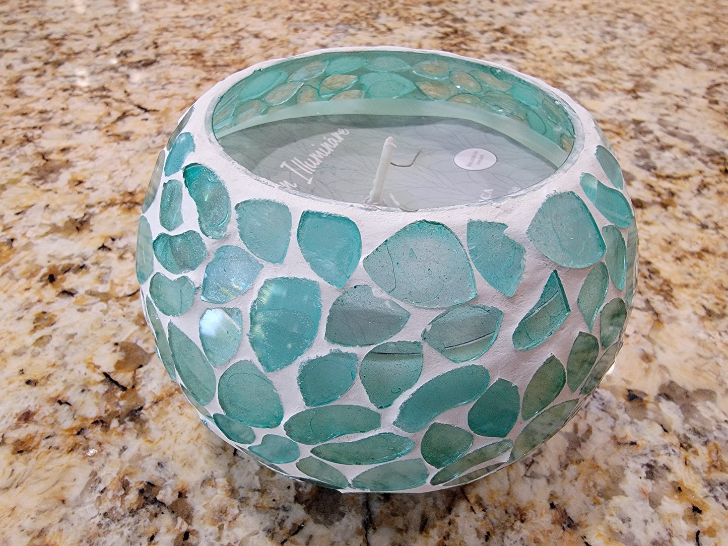Turquoise Mosaic Glass Scented Candle - Romantic Round Cracked Glass Decorative Candle Holder Table Centerpiece Party Decor - Avenue Treasures