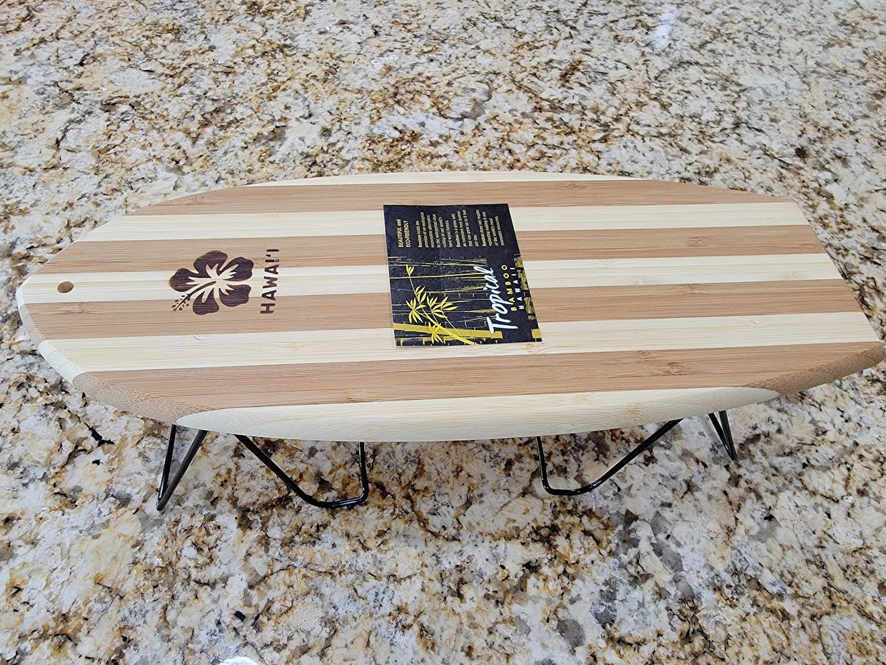 Tropical Bamboo Surfboard Shaped Cutting Board: Hawaii Hibiscus Flower Stamp - Avenue Treasures