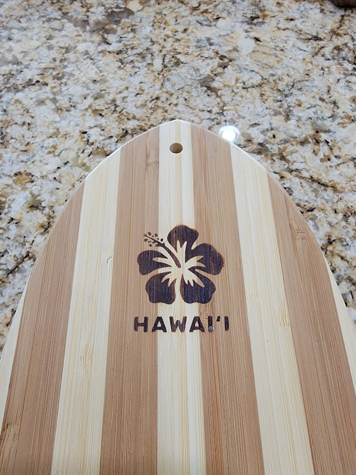 Tropical Bamboo Surfboard Shaped Cutting Board: Hawaii Hibiscus Flower Stamp - Avenue Treasures