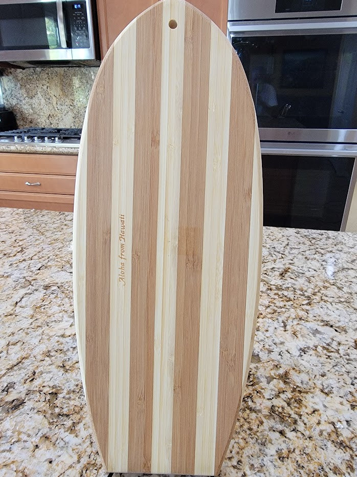 Tropical Bamboo Surfboard Shaped Cutting Board: Hawaii Hibiscus Flower Stamp - Avenue Treasures