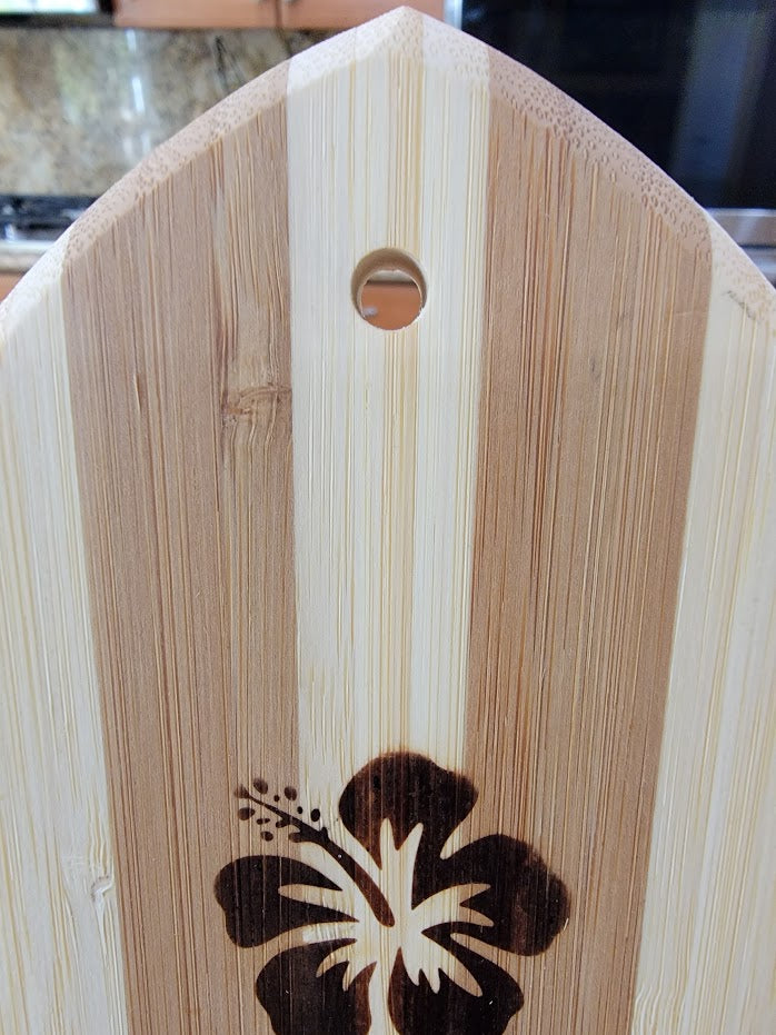 Tropical Bamboo Surfboard Shaped Cutting Board: Hawaii Hibiscus Flower Stamp - Avenue Treasures