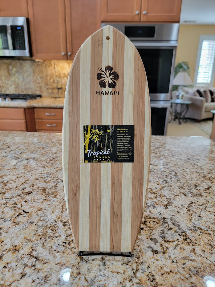 Tropical Bamboo Surfboard Shaped Cutting Board: Hawaii Hibiscus Flower Stamp - Avenue Treasures