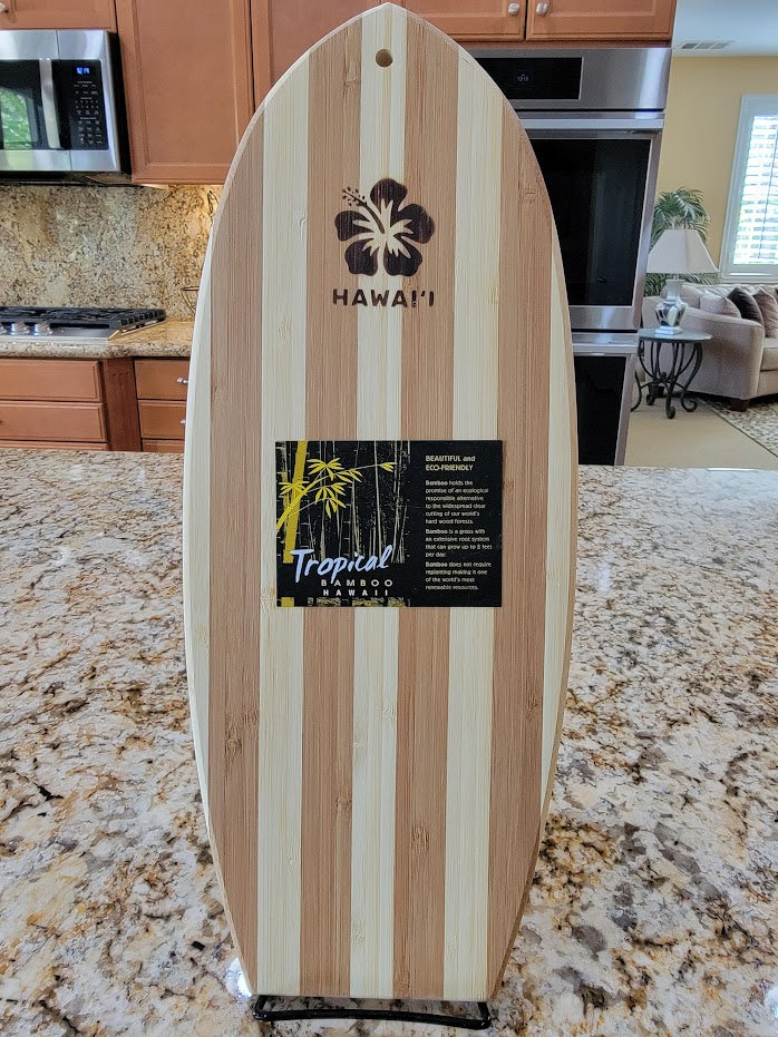 Tropical Bamboo Surfboard Shaped Cutting Board: Hawaii Hibiscus Flower Stamp - Avenue Treasures