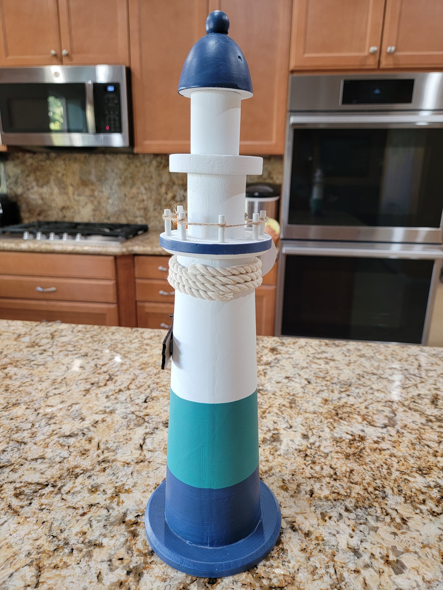 Nautical Coastal Lighthouse Wooden Handmade Seaside Ornament with Sea Shells - Coastal Cottage Decor Ocean Sea Home Beach House - Avenue Treasures
