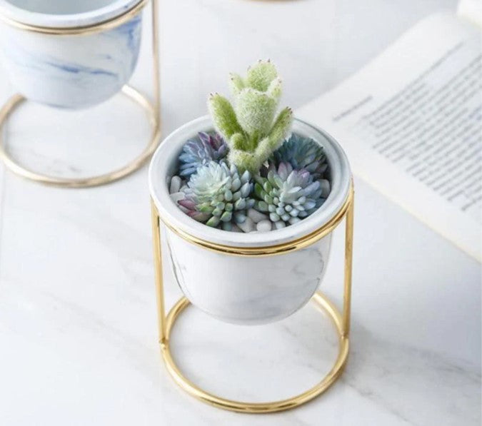 Marbled Ceramic Planter with Gold Metal Plant Stand - Avenue Treasures