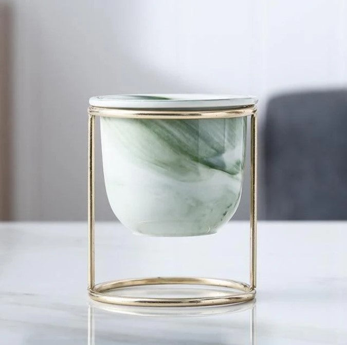 Marbled Ceramic Planter with Gold Metal Plant Stand - Avenue Treasures