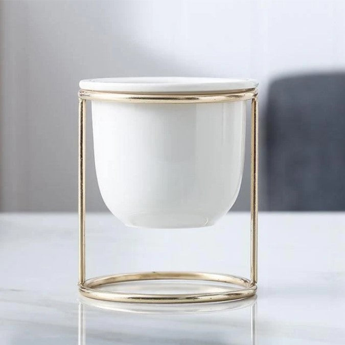 Marbled Ceramic Planter with Gold Metal Plant Stand - Avenue Treasures