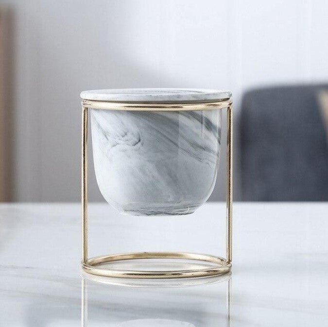Marbled Ceramic Planter with Gold Metal Plant Stand - Avenue Treasures