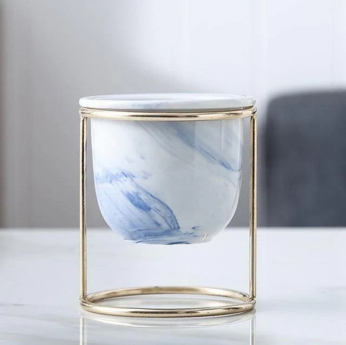 Marbled Ceramic Planter with Gold Metal Plant Stand - Avenue Treasures