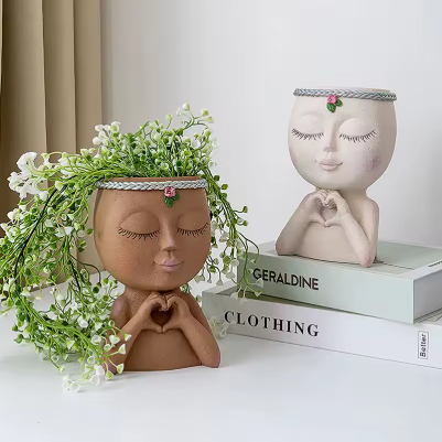 Cute Lady Face Planter Pots holding Heart Hands, indoor and outdoor decor with water drainage hole - Avenue Treasures