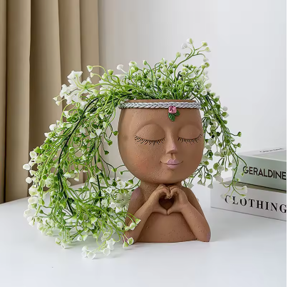 Cute Lady Face Planter Pots holding Heart Hands, indoor and outdoor decor with water drainage hole - Avenue Treasures