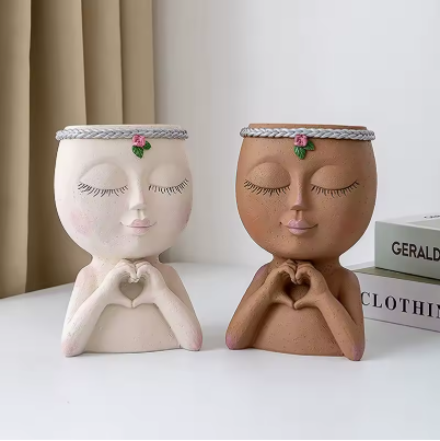 Cute Lady Face Planter Pots holding Heart Hands, indoor and outdoor decor with water drainage hole - Avenue Treasures