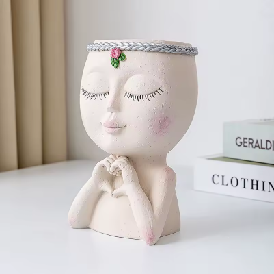 Cute Lady Face Planter Pots holding Heart Hands, indoor and outdoor decor with water drainage hole - Avenue Treasures