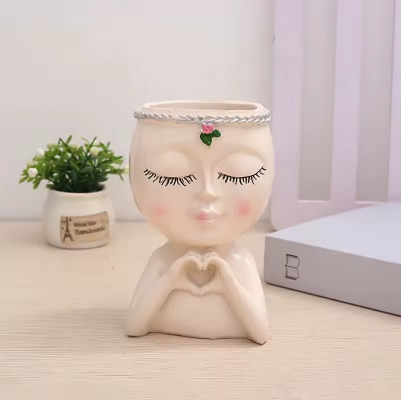 Cute Lady Face Planter Pots holding Heart Hands, indoor and outdoor decor with water drainage hole - Avenue Treasures