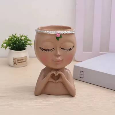 Cute Lady Face Planter Pots holding Heart Hands, indoor and outdoor decor with water drainage hole - Avenue Treasures