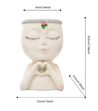 Cute Lady Face Planter Pots holding Heart Hands, indoor and outdoor decor with water drainage hole - Avenue Treasures