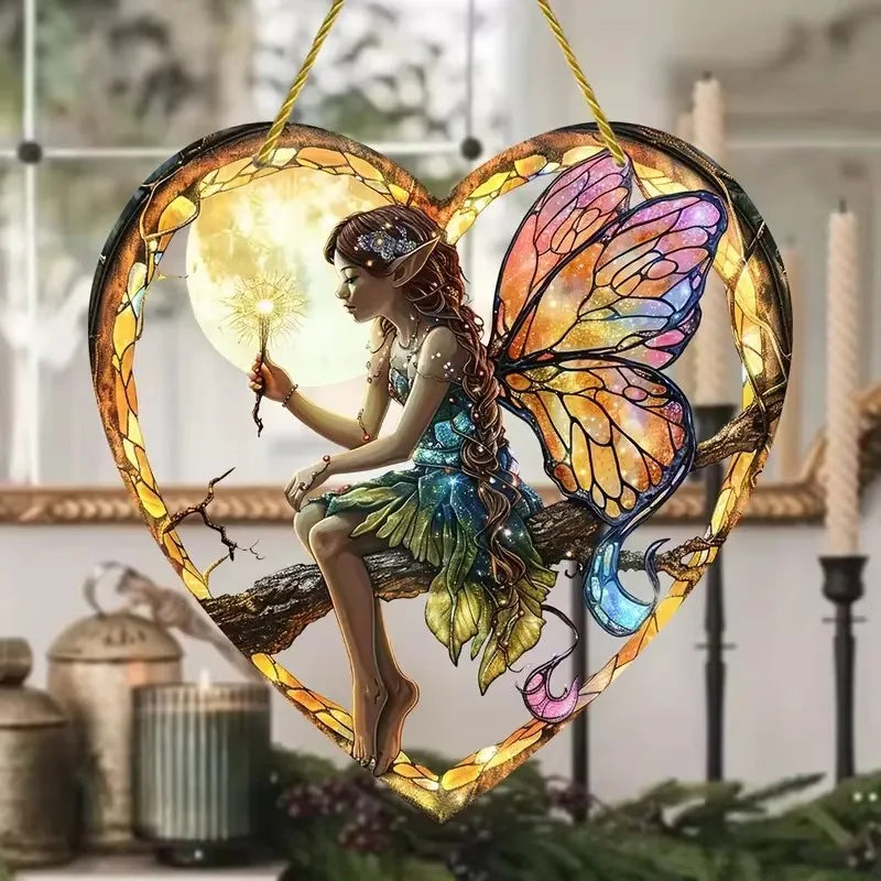 Magical Night Fairy Suncatcher - Stained Glass, Acrylic, Heart shaped for Window/Outdoor Hanging Decoration. - Avenue Treasures