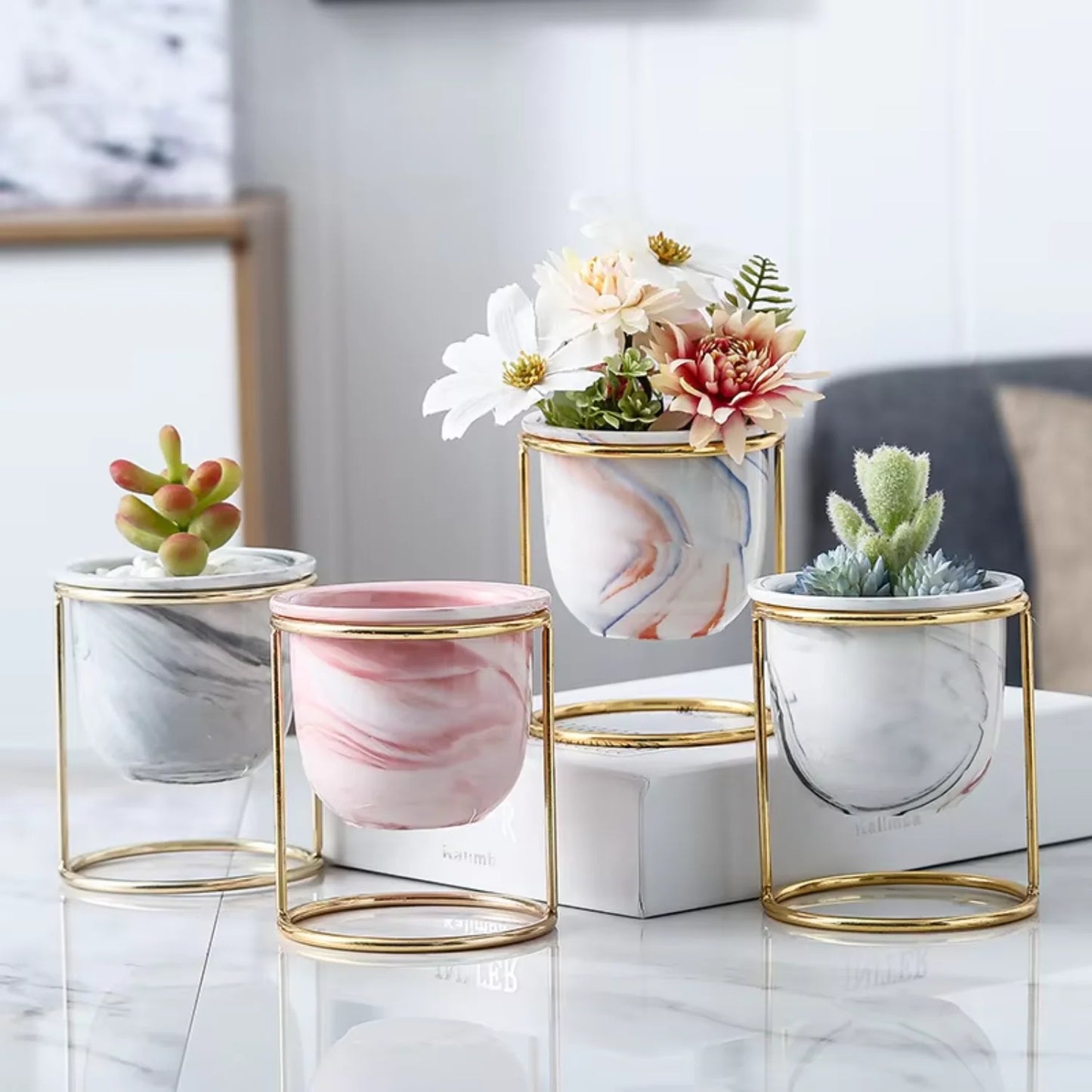 Marbled Ceramic Planter with Gold Metal Plant Stand - Avenue Treasures
