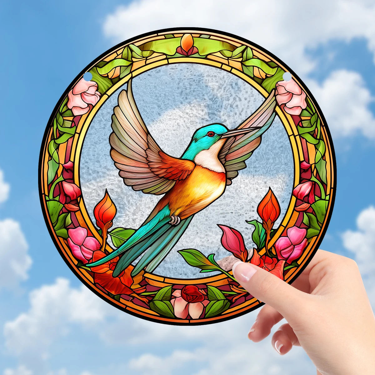 Acrylic Pattern Hummingbird & Flowers Stained Suncatchers - Avenue Treasures