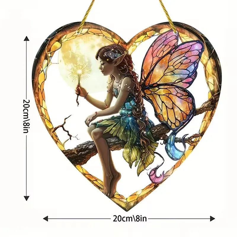 Magical Night Fairy Suncatcher - Stained Glass, Acrylic, Heart shaped for Window/Outdoor Hanging Decoration. - Avenue Treasures