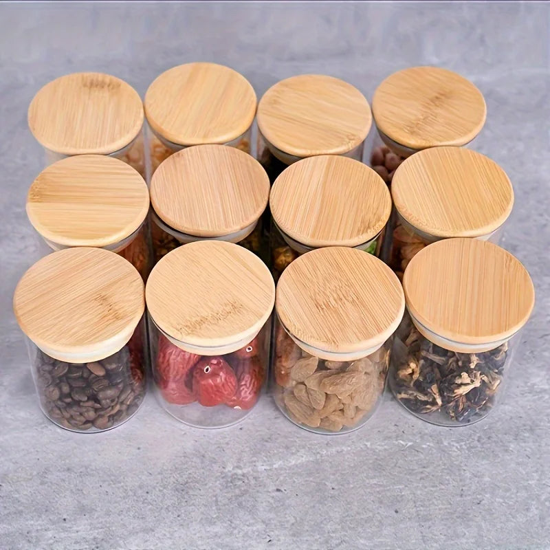 Clearview 12Pcs Glass Spice Jars with Bamboo Lids - 8oz. size, Airtight Round Spice Containers with 275 Black Labels, Empty Seasoning Jars for storing Spice, Salt, Sugar and more. - Avenue Treasures