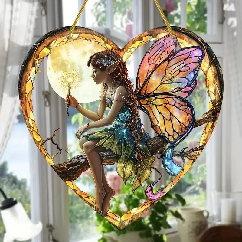 Magical Night Fairy Suncatcher - Stained Glass, Acrylic, Heart shaped for Window/Outdoor Hanging Decoration. - Avenue Treasures