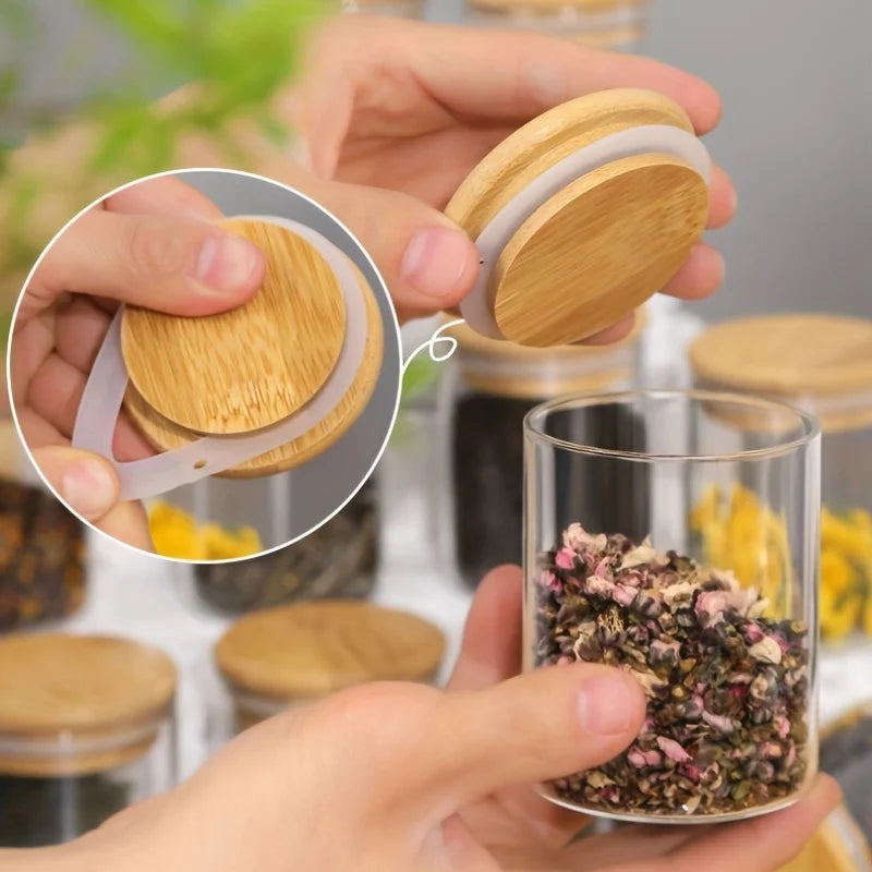 Clearview 12Pcs Glass Spice Jars with Bamboo Lids - 8oz. size, Airtight Round Spice Containers with 275 Black Labels, Empty Seasoning Jars for storing Spice, Salt, Sugar and more. - Avenue Treasures