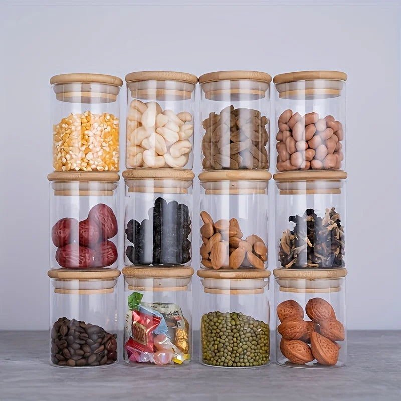 Clearview 12Pcs Glass Spice Jars with Bamboo Lids - 8oz. size, Airtight Round Spice Containers with 275 Black Labels, Empty Seasoning Jars for storing Spice, Salt, Sugar and more. - Avenue Treasures