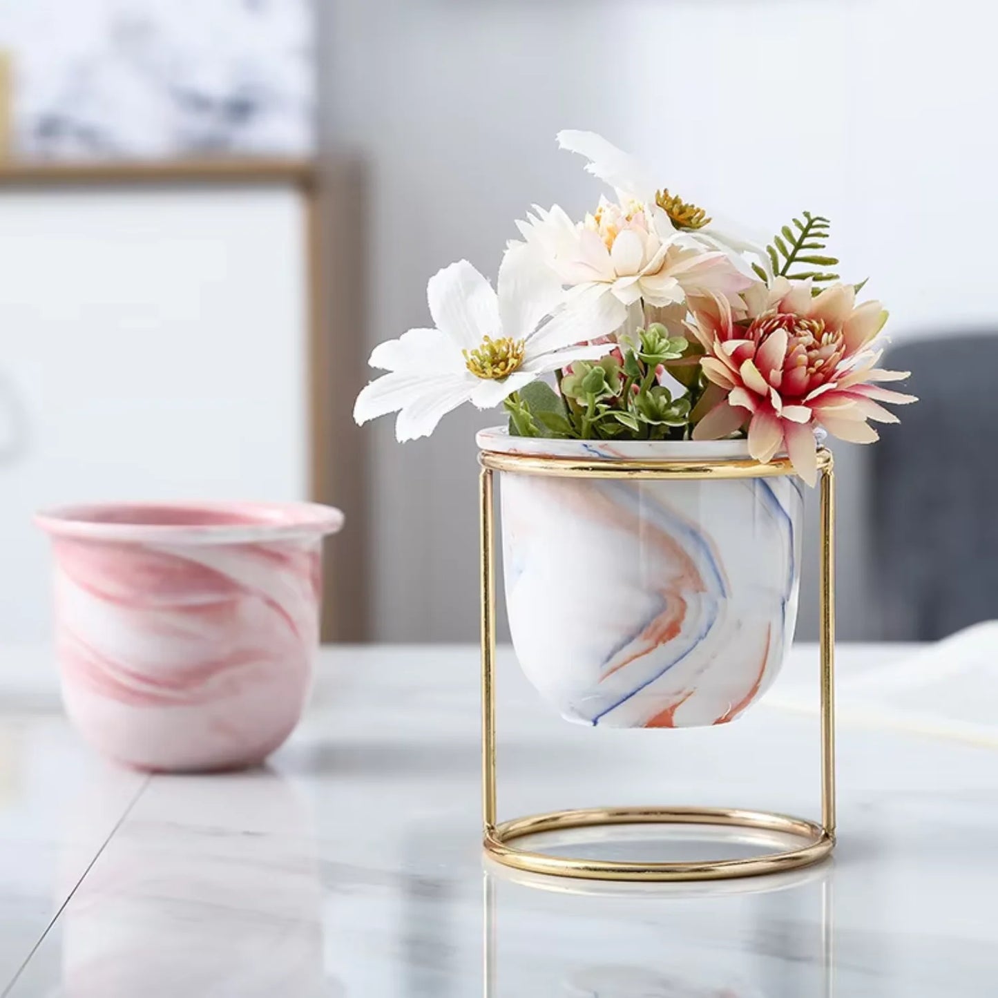 Marbled Ceramic Planter with Gold Metal Plant Stand - Avenue Treasures