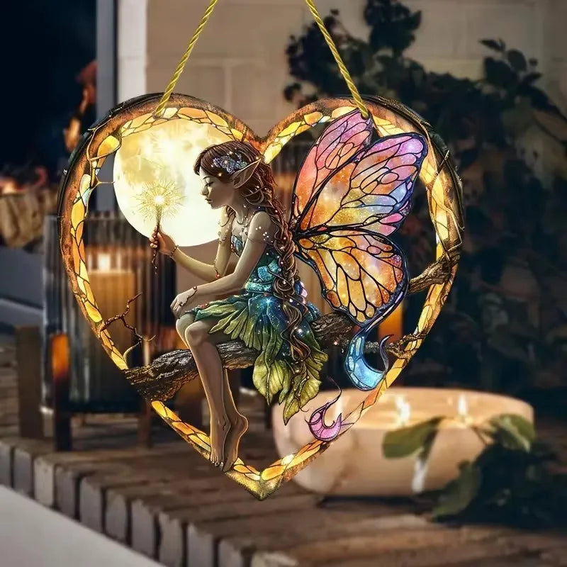 Magical Night Fairy Suncatcher - Stained Glass, Acrylic, Heart shaped for Window/Outdoor Hanging Decoration. - Avenue Treasures