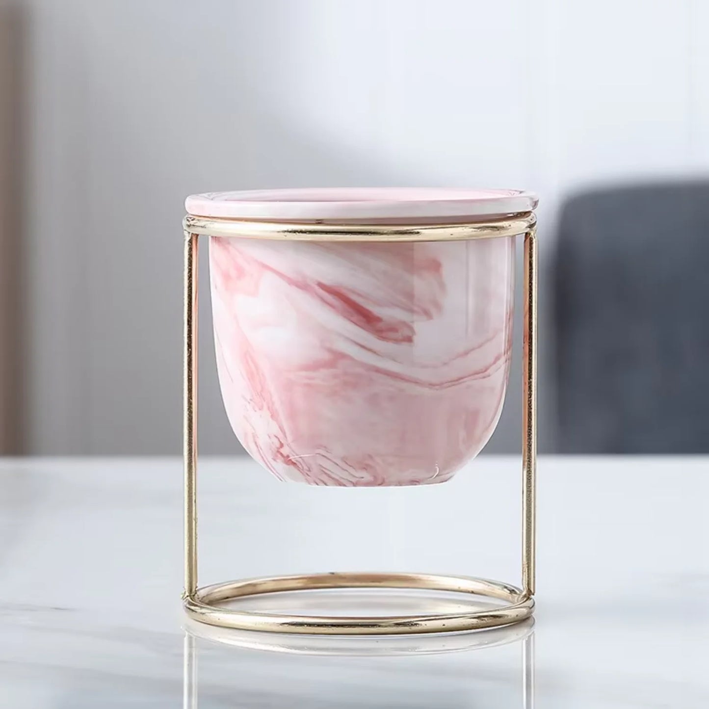 Marbled Ceramic Planter with Gold Metal Plant Stand - Avenue Treasures