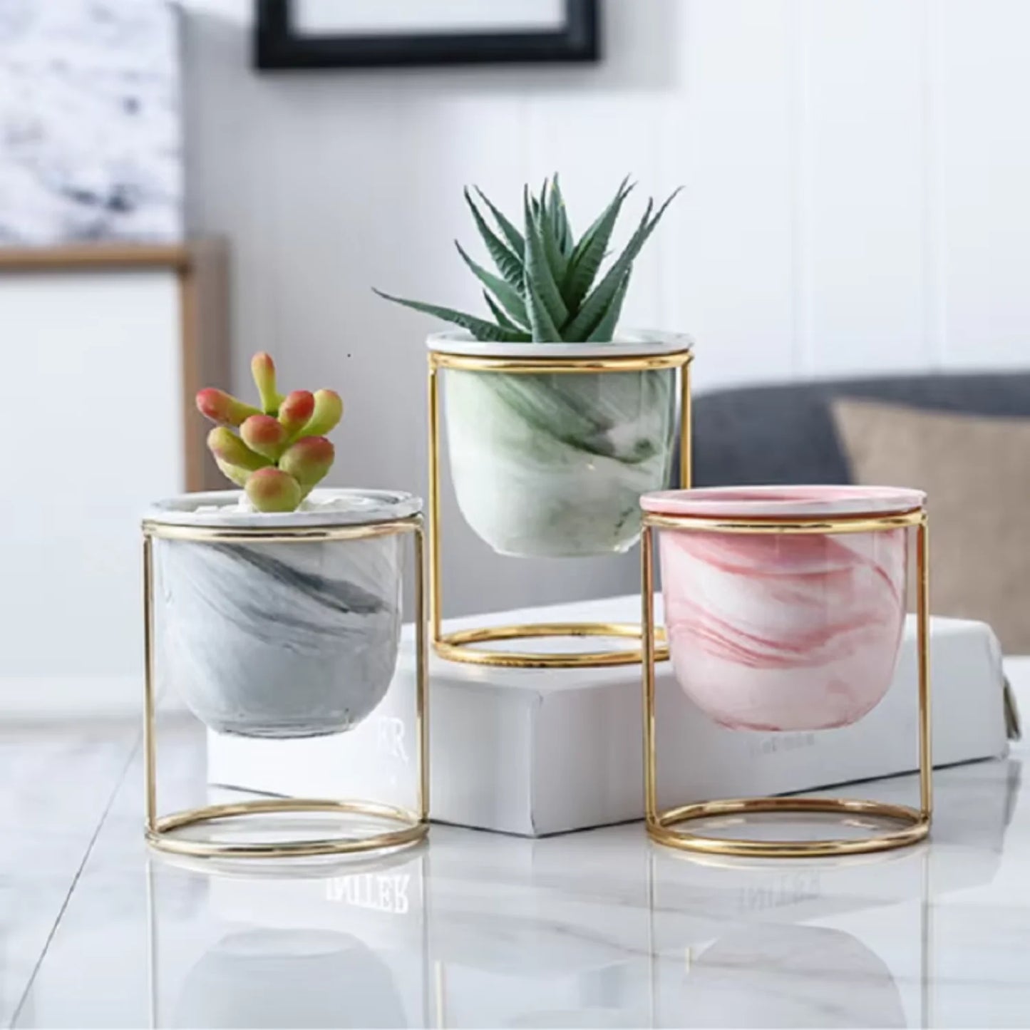 Marbled Ceramic Planter with Gold Metal Plant Stand - Avenue Treasures