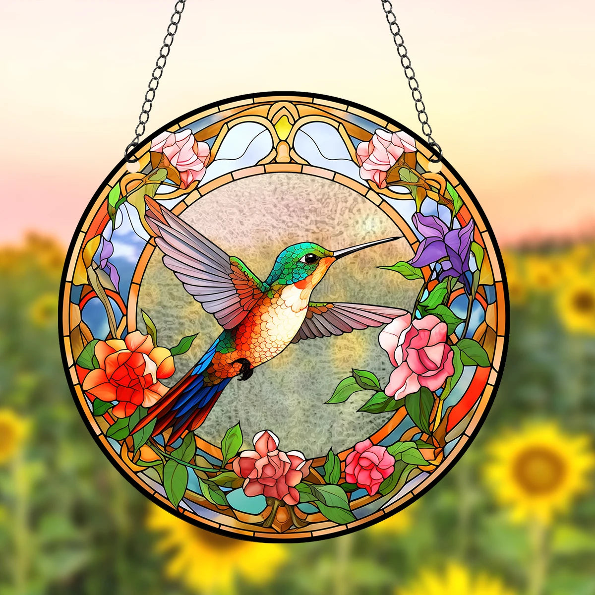Acrylic Pattern Hummingbird & Flowers Stained Suncatchers - Avenue Treasures