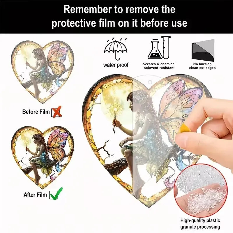 Magical Night Fairy Suncatcher - Stained Glass, Acrylic, Heart shaped for Window/Outdoor Hanging Decoration. - Avenue Treasures