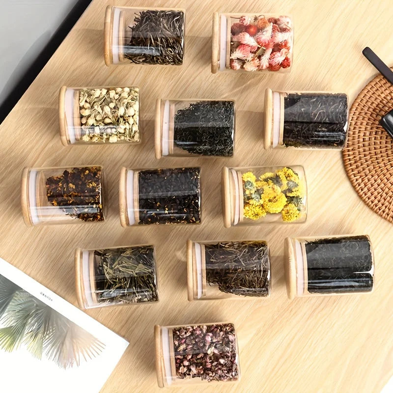 Clearview 12Pcs Glass Spice Jars with Bamboo Lids - 8oz. size, Airtight Round Spice Containers with 275 Black Labels, Empty Seasoning Jars for storing Spice, Salt, Sugar and more. - Avenue Treasures