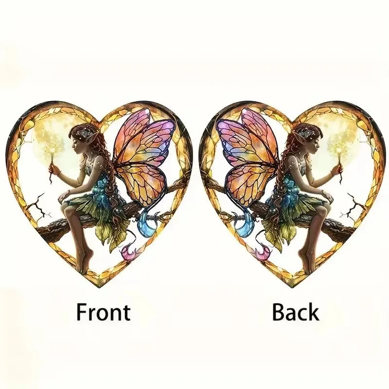 Magical Night Fairy Suncatcher - Stained Glass, Acrylic, Heart shaped for Window/Outdoor Hanging Decoration. - Avenue Treasures