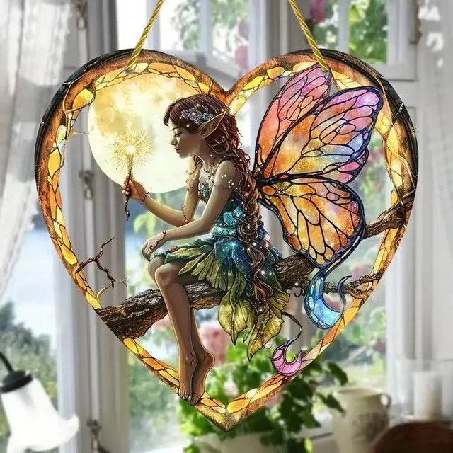 Magical Night Fairy Suncatcher - Stained Glass, Acrylic, Heart shaped for Window/Outdoor Hanging Decoration. - Avenue Treasures